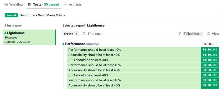The test tab in Semaphore shows all test results in a single sortable and filterable page.