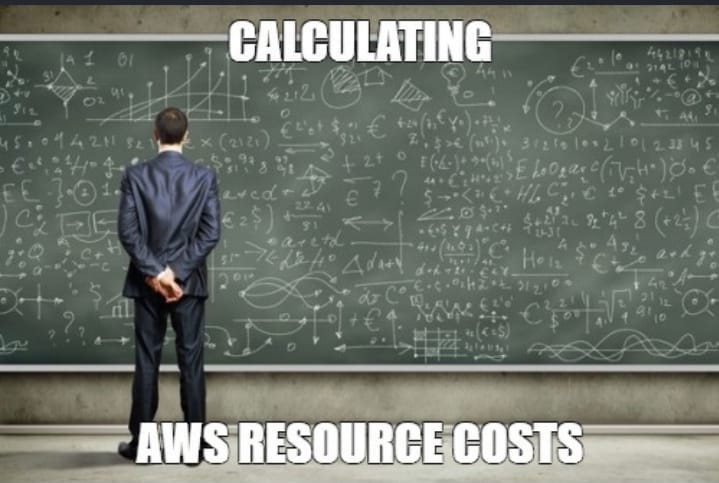 Man in front of a blackboaard filled with equations. The text says: Calculating AWS Resources Cost