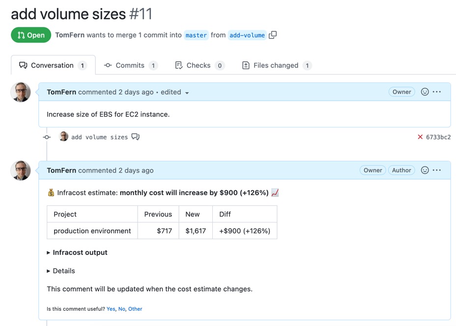 A GitHub Pull Request conversation showing an automated message from Infracost with the cost estimate.