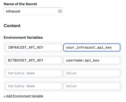 A screenshot of Semaphore secret showing two environment variables: INFRACOST_API_KEY and BITBUCKET_API_KEY