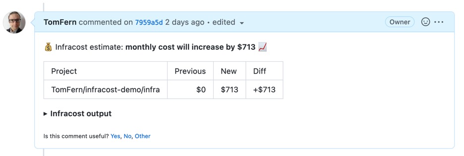 An automated comment on GitHub with cost differences caused by the commit.