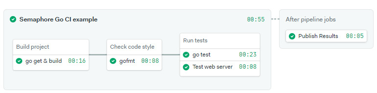 A screenshot a CI pipeline containing a build job, a format check job (static checker) and a test block.
