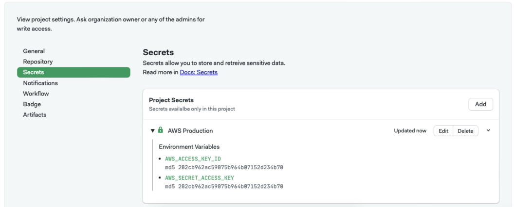 Added AWS Production project secrets view.