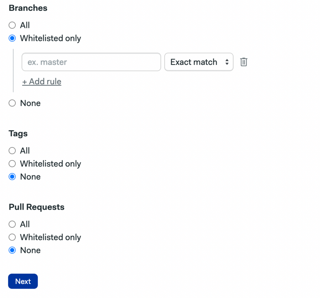Step 4 of Target Wizard - Limit branches, tags and pull requests for your deploy.